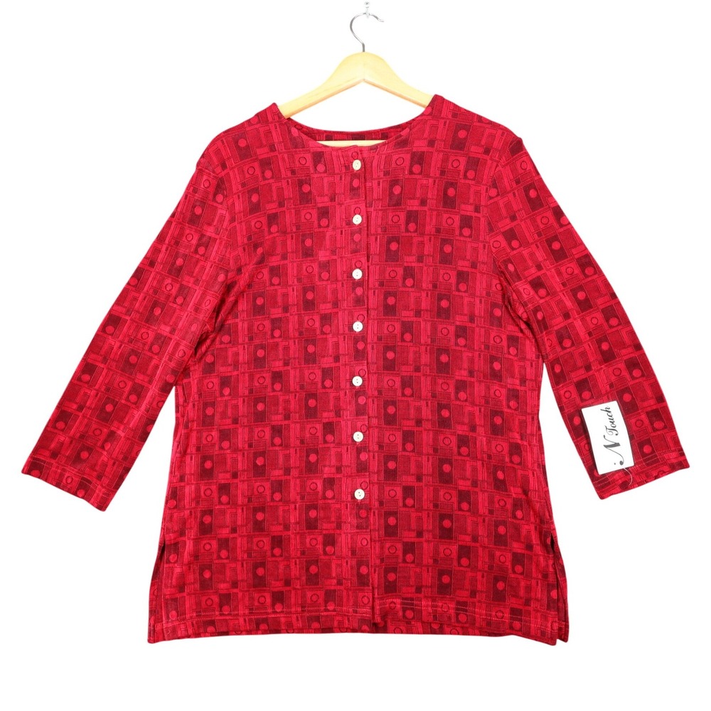 N Touch Blouse Womens Medium Vintage Red Black Geometric Button Front 3/4 Sleeve